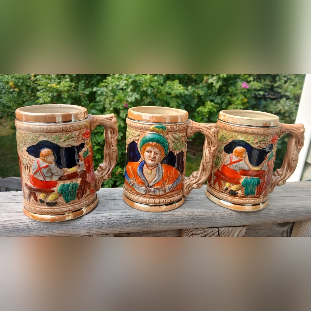 Vintage Ceramic Beer Steins with Colorful Design